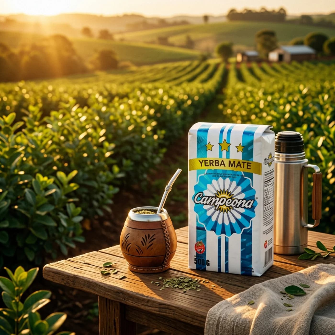 Campeona yerba mate in an Argentine plantation at sunset